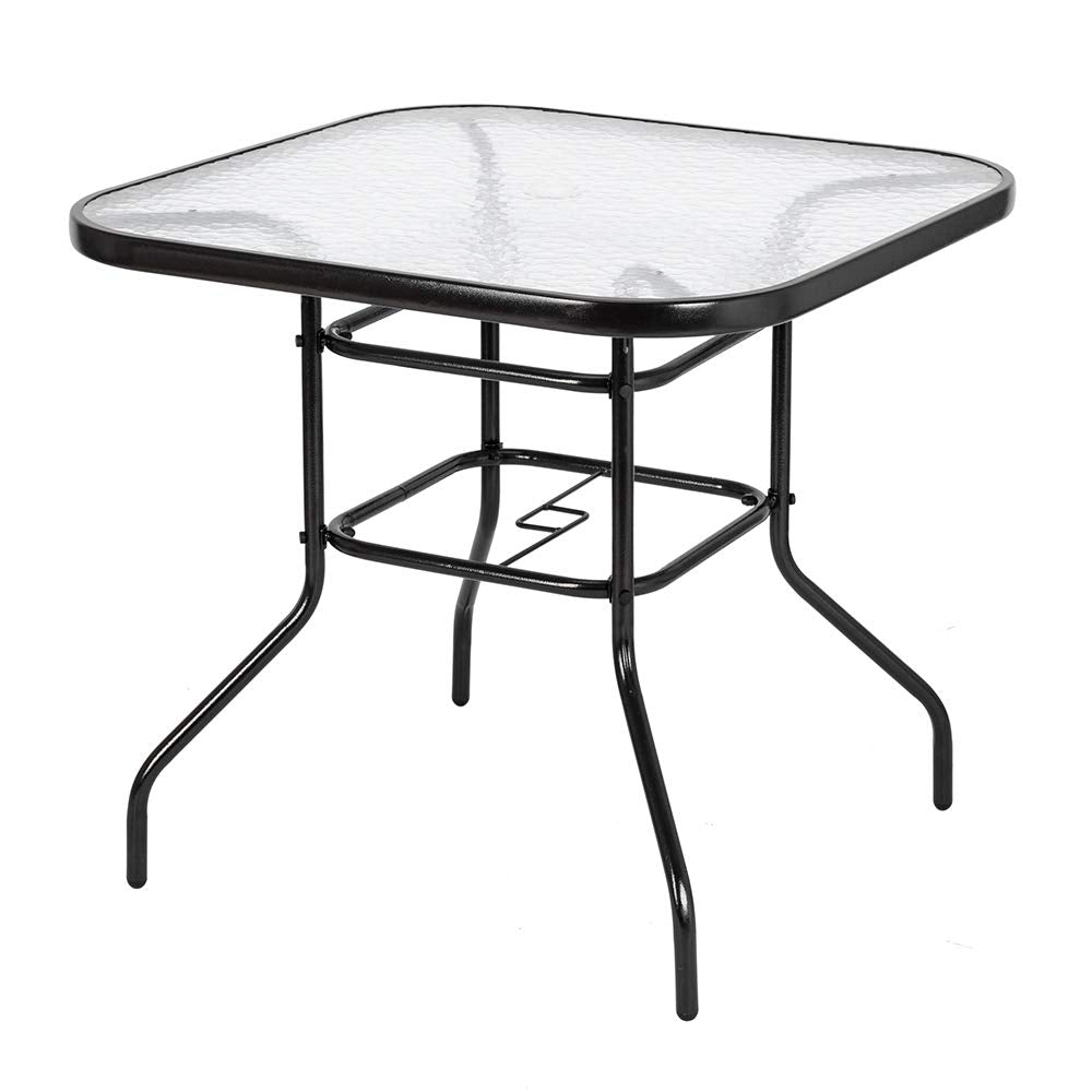 VINGLI Glass Patio Table with Umbrella Hole, 32" Square Outdoor Dining Table Steel Tempered Glass Patio Tables Outdoor Tables for Balcony Garden Deck