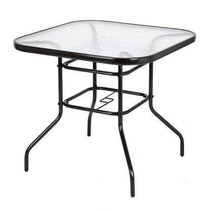 VINGLI Glass Patio Table with Umbrella Hole, 32" Square Outdoor Dining Table Steel Tempered Glass Patio Tables Outdoor Tables for Balcony Garden Deck