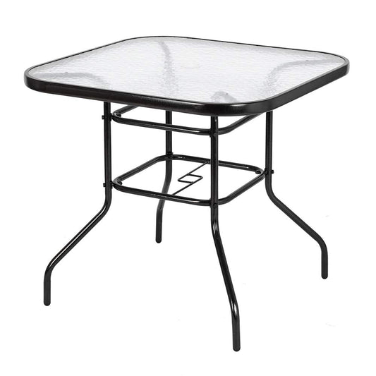 VINGLI Glass Patio Table with Umbrella Hole, 32" Square Outdoor Dining Table Steel Tempered Glass Patio Tables Outdoor Tables for Balcony Garden Deck