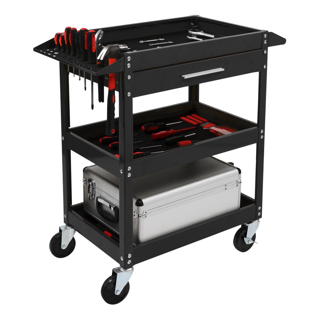 TUFFIOM 3 Tier Rolling Tool Cart with Drawer, Tool Service Cart on Wheels w/2 Brake, 330 LBS Capacity Industrial Heavy Duty Utility Cart, Tool Organizer for Mechanic, Garage, Warehouse & Repair Shop