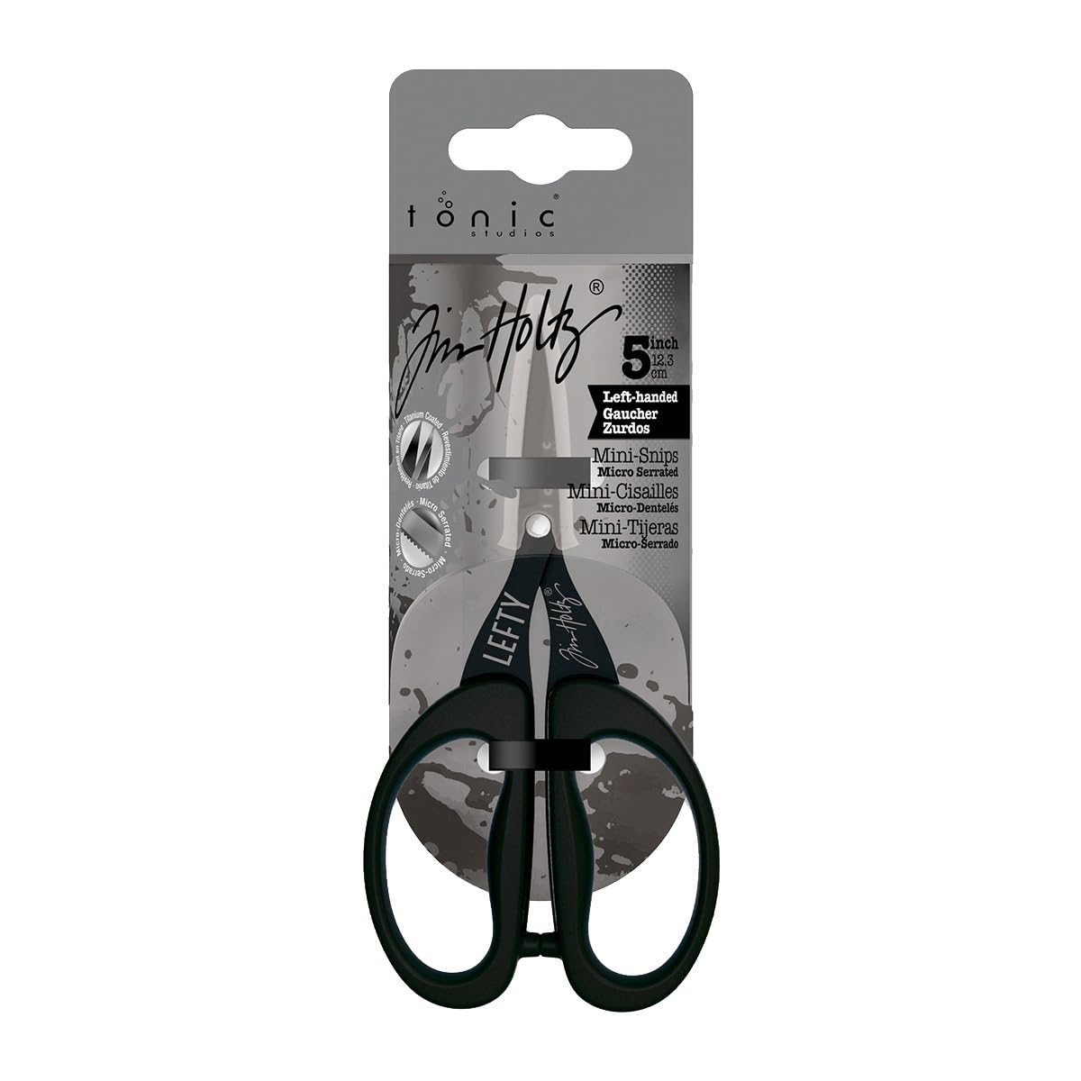 Tim Holtz Left Handed Scissors - 5 Inch Mini Snips with Micro Serrated Blade - Lefty Craft Tool for Cutting Paper, Fabric, and Sewing - Titanium with Black Comfort Grip Handles