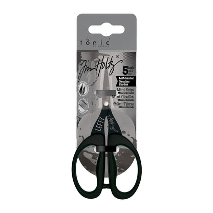 Tim Holtz Left Handed Scissors - 5 Inch Mini Snips with Micro Serrated Blade - Lefty Craft Tool for Cutting Paper, Fabric, and Sewing - Titanium with Black Comfort Grip Handles