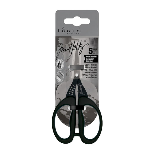 Tim Holtz Left Handed Scissors - 5 Inch Mini Snips with Micro Serrated Blade - Lefty Craft Tool for Cutting Paper, Fabric, and Sewing - Titanium with Black Comfort Grip Handles