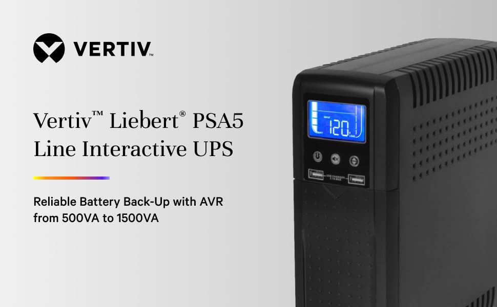 Vertiv Liebert PSA5 UPS - 1000VA/600W 120V Line Interactive AVR Tower UPS, 10 outlets, 2 USB Charging Ports, Battery Backup w/ Surge Protection, 3 year warranty, Energy Star Certified (PSA5-1000MT120)