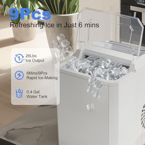 SMUG Ice Makers Countertop with Handle, Portable Ice Machine, 9 Bullet Ice Cubes in 6 Mins, 26lbs in 24Hrs, Auto-Cleaning, with Basket and Scoop, for Home, Kitchen, RV, Camping, White