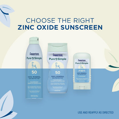 Coppertone Pure and Simple Zinc Oxide Mineral Sunscreen Lotion SPF 50, Water Resistant Sunscreen for Sensitive Skin, Hypoallergenic and Fragrance Free, 6 Fl Oz Bottle