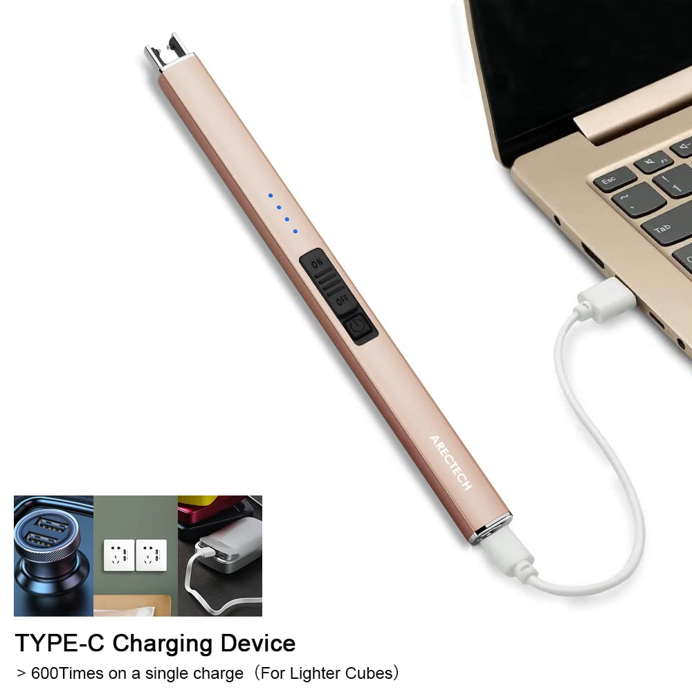 ARECTECH Electric Candle Lighter with Type-C Cable Birthday Gift for Man Women Wife Rechargeable Plasma Arc Lighters for Candle Camping Kitchen Stove Gold