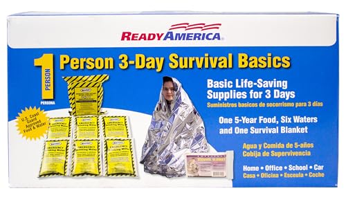 Ready America The Survival Box, 1-Person, 3-Day Emergency Kit Includes 5 Year Emergency Food, Water, Emergency Blanket Portable Disaster Preparedness Go-Bag for Earthquake, Fire, Flood, Hurricane