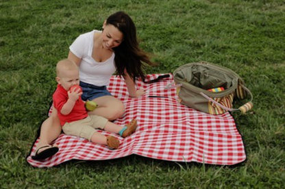 Camco Classic Red & White Checkered Picnic Blanket with Waterproof Backing - Includes Convenient Carry Strap | Comfortable and Durable Material | Measures 51" x 59" - (42803)