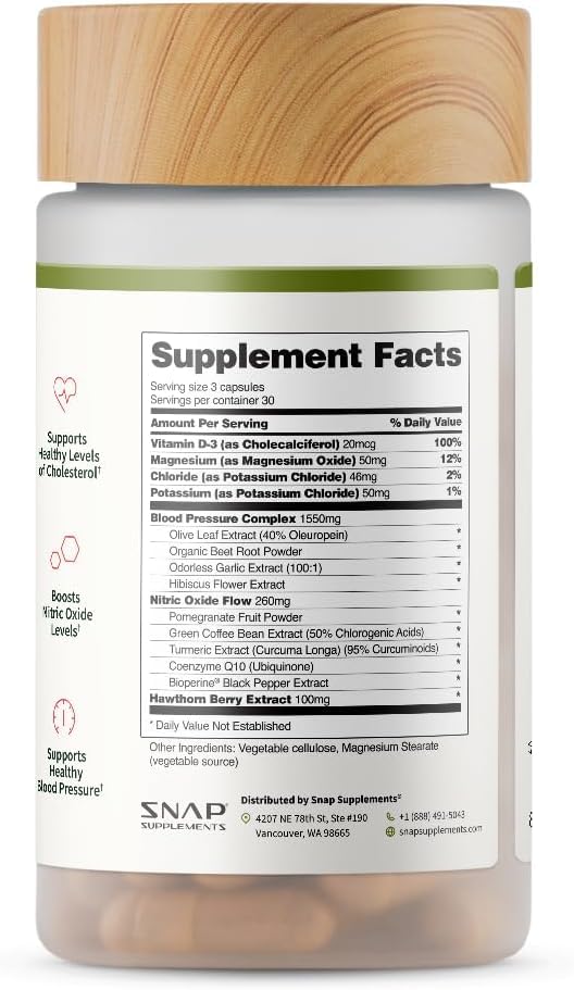 Snap Supplements Heart Health Support Supplement with Coq10, Organic Beet Root Powder, Hawthorn Berry, Turmeric and Odorless Garlic, Supports Nitric Oxide Level, Circulation and Flow, 90 Capsules