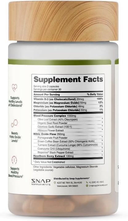 Snap Supplements Heart Health Support Supplement with Coq10, Organic Beet Root Powder, Hawthorn Berry, Turmeric and Odorless Garlic, Supports Nitric Oxide Level, Circulation and Flow, 90 Capsules