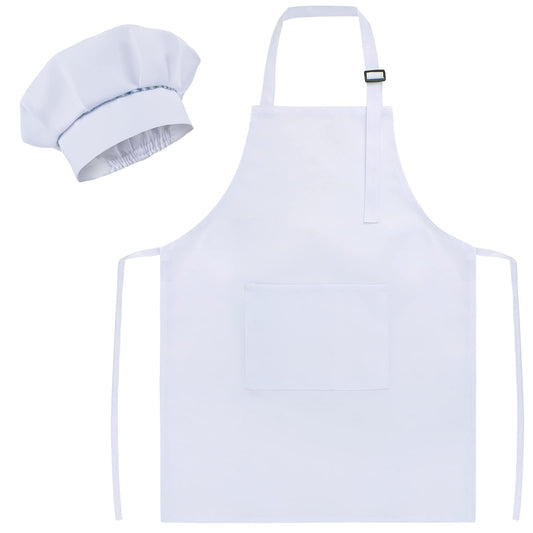SUNLAND Kids Apron And Hat Set Children Chef Apron For Cooking Baking Painting White(S:3-6 Years)¡­