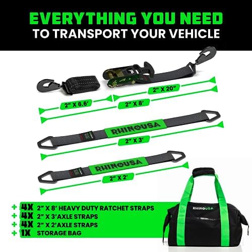 Rhino USA Car Tie Down Straps for Trailers with Snap Hooks (4-Pack) -2" x8' (10,000lb Break Strength) - Heavy Duty T-Handle Car Hauler Tire and UTV Axle Straps, Powersports & More - Black