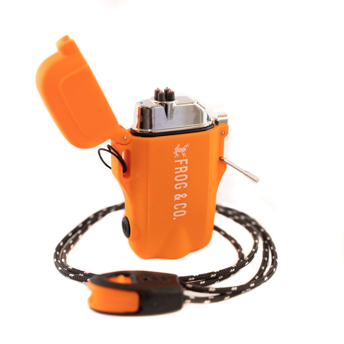 Survival Frog Tough Electric Lighter 2.0 - Waterproof & Windproof Lighters - Flameless Top-Facing Dual Arc Plasma, USB Rechargeable w/Built-in Flashlight, Camping, Survival Fire Starter (Orange)
