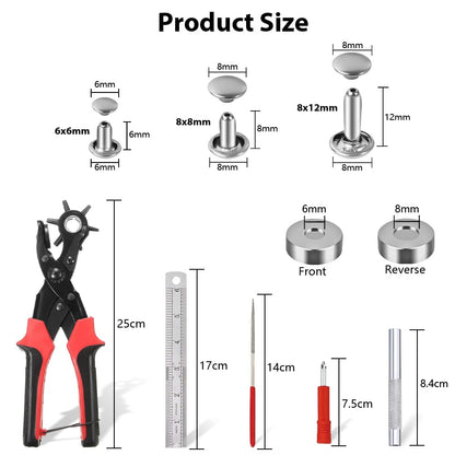 Belt Hole Puncher with 240 Sets of Leather Rivets - Updated Hole Sizes Puncher for Belt, Watch Band, Strap, Dog Collar, Saddle, Shoes, Fabric, DIY Home or Craft Project