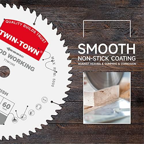 TWIN-TOWN 12-Inch 60-Tooth ATB Fine Finish Wood Cutting Circular Saw Blade, 1 Inch Arbor, Compatible with Table and Miter Saws, Premium Quality Woodworking Saw Blade