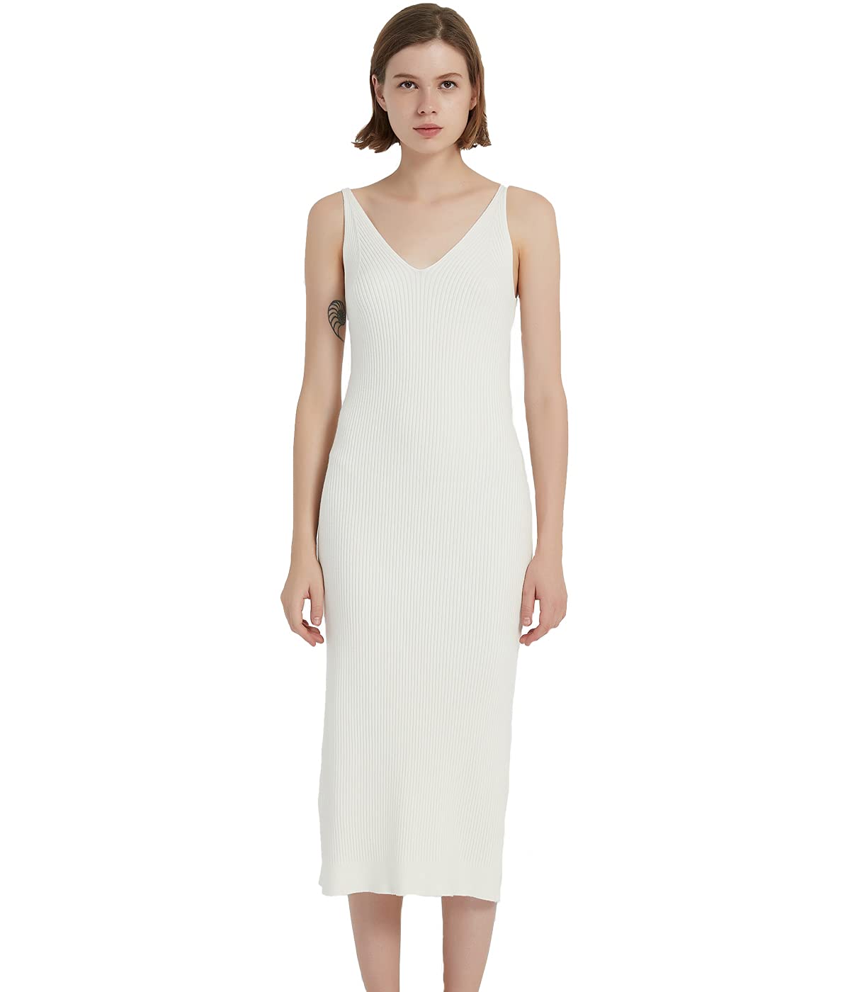 RZIV Women's Sleeveless Sweater Dress Knit Slim V Neck Bodycon Midi Stretchable Elasticity Slim Fits White