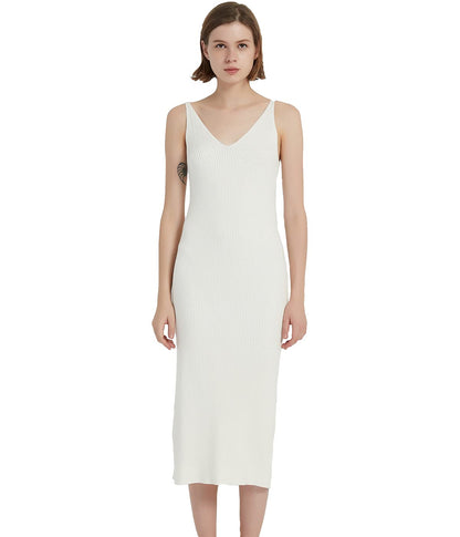RZIV Women's Sleeveless Sweater Dress Knit Slim V Neck Bodycon Midi Stretchable Elasticity Slim Fits White