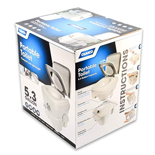 Camco 5.3-Gallon Portable Toilet - Features Detachable Holding Tank w/Sealing Slide Valve & Bellow-Type Flush - Easy Transport w/Compact Lightweight Design & Carry Handle - Gray (41541)