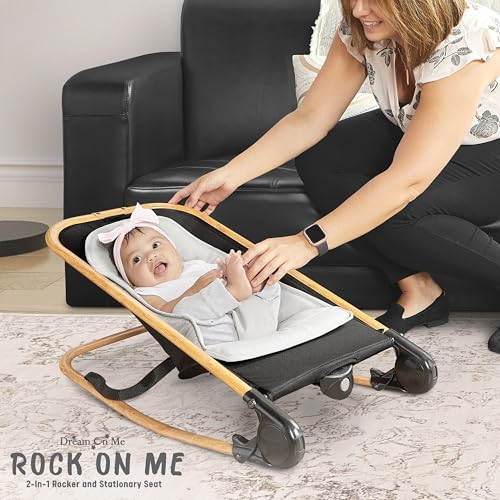 Dream on Me Rock with me 2-in-1 Rocker and Stationary Seat | Compact Portable Infant Rocker with Removable Toys Bar & Hanging Toys in Black & Grey