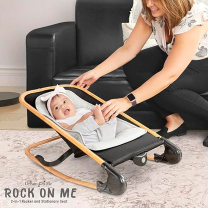 Dream on Me Rock with me 2-in-1 Rocker and Stationary Seat | Compact Portable Infant Rocker with Removable Toys Bar & Hanging Toys in Black & Grey