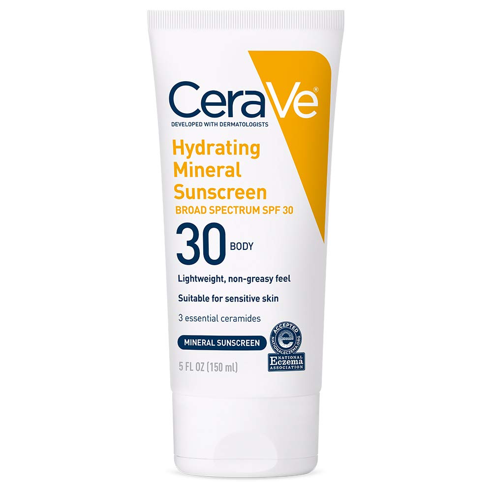 CeraVe 100% Mineral Sunscreen SPF 30 with Zinc Oxide & Titanium Dioxide, Hyaluronic Acid & Ceramides, Oil Free, Non-Greasy, Hydrating Mineral Sunscreen For Body, 5 oz