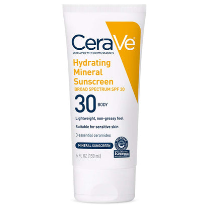 CeraVe 100% Mineral Sunscreen SPF 30 with Zinc Oxide & Titanium Dioxide, Hyaluronic Acid & Ceramides, Oil Free, Non-Greasy, Hydrating Mineral Sunscreen For Body, 5 oz