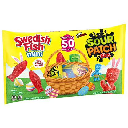 SOUR PATCH KIDS and SWEDISH FISH Mini Soft & Chewy Easter Candy Variety Pack, Bulk Candy, 50 Snack Packs