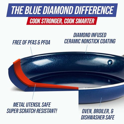 Blue Diamond 9.5” & 11" Nonstick Frying Pan Skillet Set, Diamond Infused PFAS & PTFE-Free Ceramic Pots & Pans, Dishwasher & Oven Safe, Stay Cool Handles, Durable Non Toxic Metal Utensil Safe, Blue