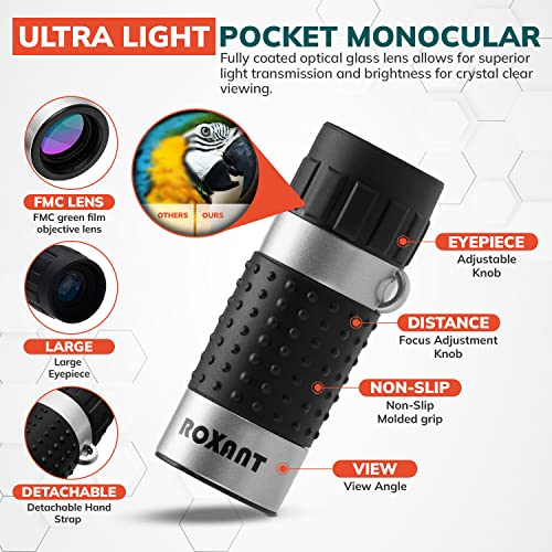 Roxant Mini Monocular Telescope - High Definition Ultra Light Pocket Telescopes - Includes Compact Monoculars, Neck Strap & Cleaning Cloth, Monoculars for Adults, High Powered Handheld Telescope