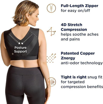 Tommie Copper Shoulder Support Compression Bra with Front Zipper Closure - Wireless Posture Corrector & Back Support Bra, Ideal for Gardening, Yoga, and Sports, UPF 50 - Nude, Medium