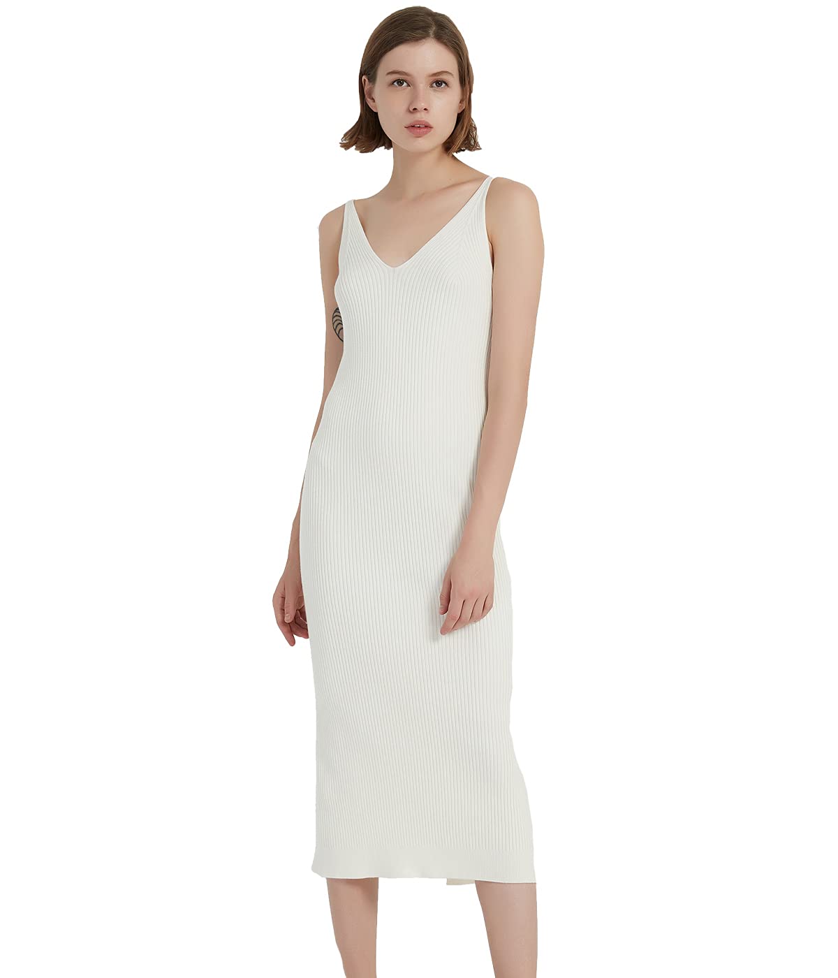 RZIV Women's Sleeveless Sweater Dress Knit Slim V Neck Bodycon Midi Stretchable Elasticity Slim Fits White
