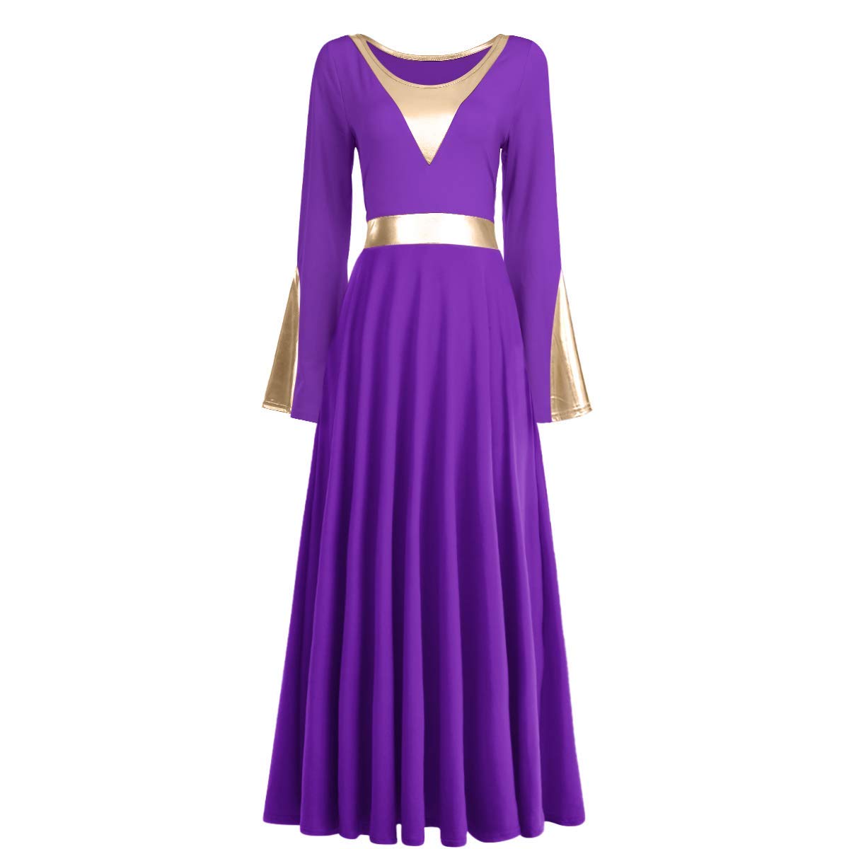 Women Girls Adult Full Length Bell Long Sleeves Loose Fit Liturgical Praise Dance Dress Ruffle Swing Casual Ballet Dance Costume Birthday Party Outfit Maxi Gowns Ballet Praisewear Purple + Gold XS
