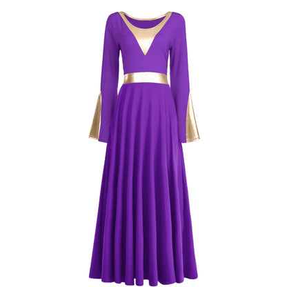 Women Girls Adult Full Length Bell Long Sleeves Loose Fit Liturgical Praise Dance Dress Ruffle Swing Casual Ballet Dance Costume Birthday Party Outfit Maxi Gowns Ballet Praisewear Purple + Gold XS