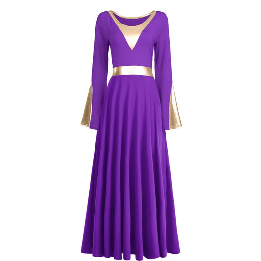 Women Girls Adult Full Length Bell Long Sleeves Loose Fit Liturgical Praise Dance Dress Ruffle Swing Casual Ballet Dance Costume Birthday Party Outfit Maxi Gowns Ballet Praisewear Purple + Gold XS
