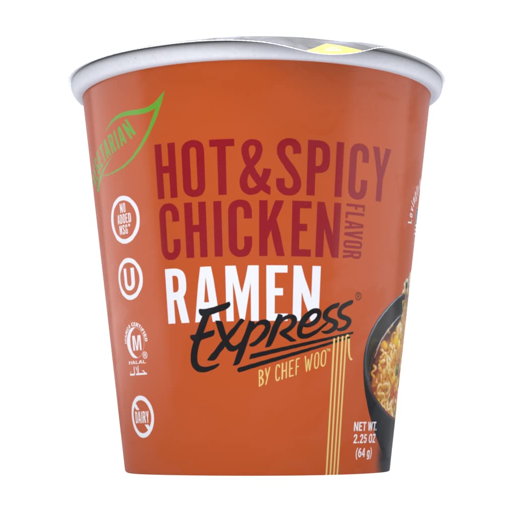 RAMEN EXPRESS Hot & Spicy Chicken Flavor Ramen Cup Noodle, 2.25 Oz Each (Pack Of 12) | Animal-free Ramen Noodles | All Plant-based | Made in U.S. with finest American flour