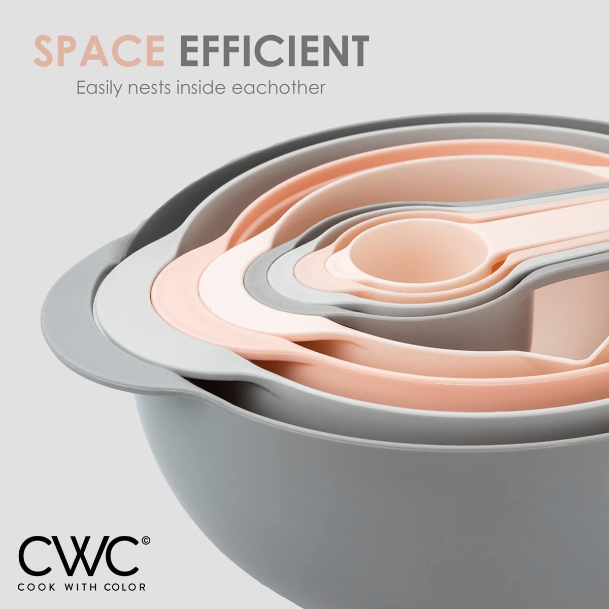 COOK WITH COLOR Nesting Bowls with Measuring Cups Colander and Sifter Set - Includes Mixing Bowls, Colander, Sifter and Measuring Cups, Pink, 8 Pc Bowl