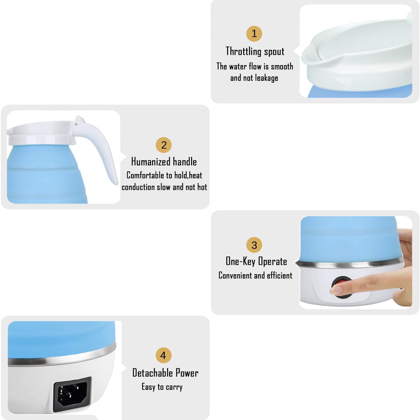 Travel Kettle Electric Small Foldable Portable Kettle,Silicone Collapsible Heating Water Boiler Tea Pot for Camping,Easy for Storage with Separable Power Cord (Blue pro)