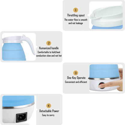 Travel Kettle Electric Small Foldable Portable Kettle,Silicone Collapsible Heating Water Boiler Tea Pot for Camping,Easy for Storage with Separable Power Cord (Blue pro)