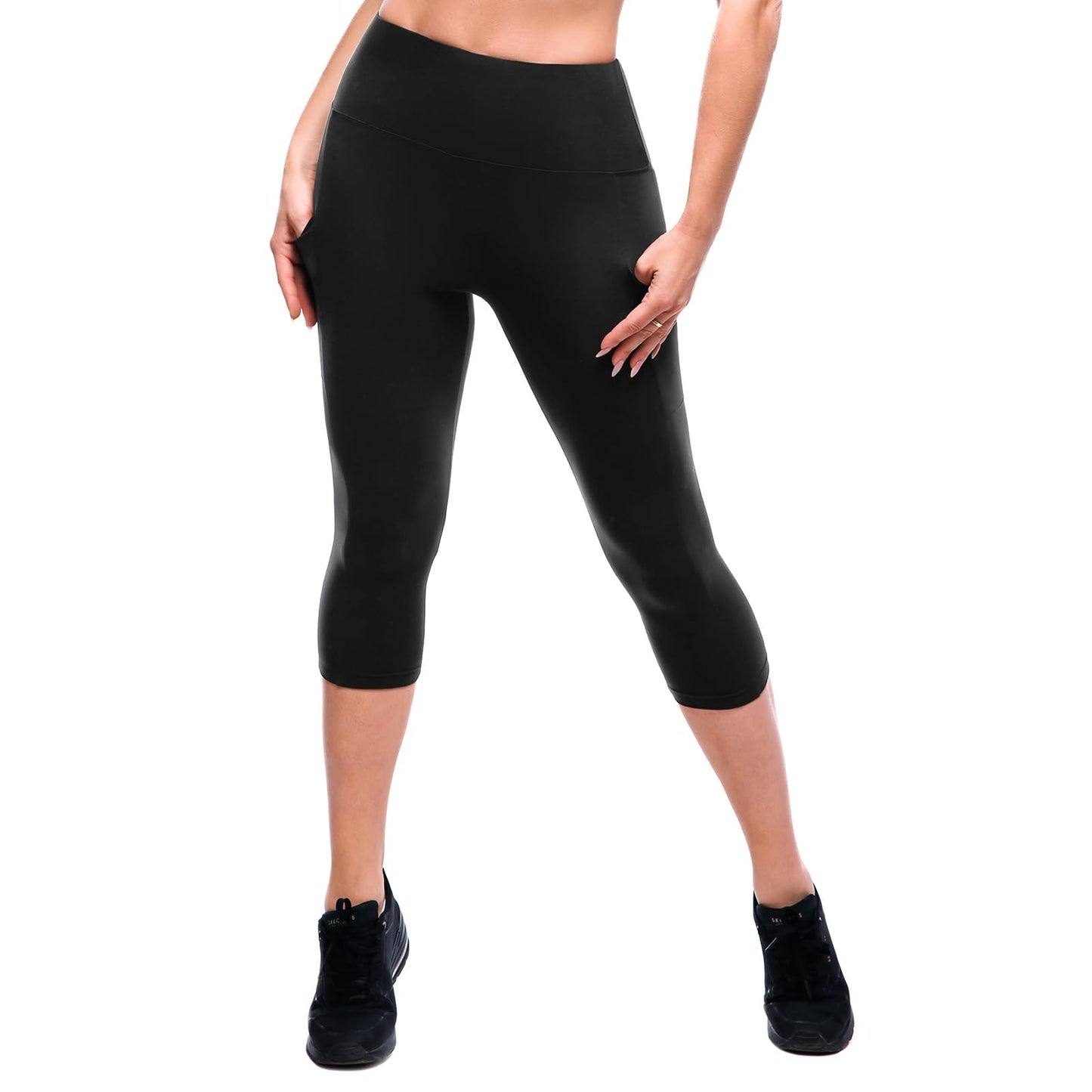 SINOPHANT High Waisted Leggings with Pockets Women, Full Length Capri Buttery Soft Stretchy Yoga Pants(Capri Black,S-M)