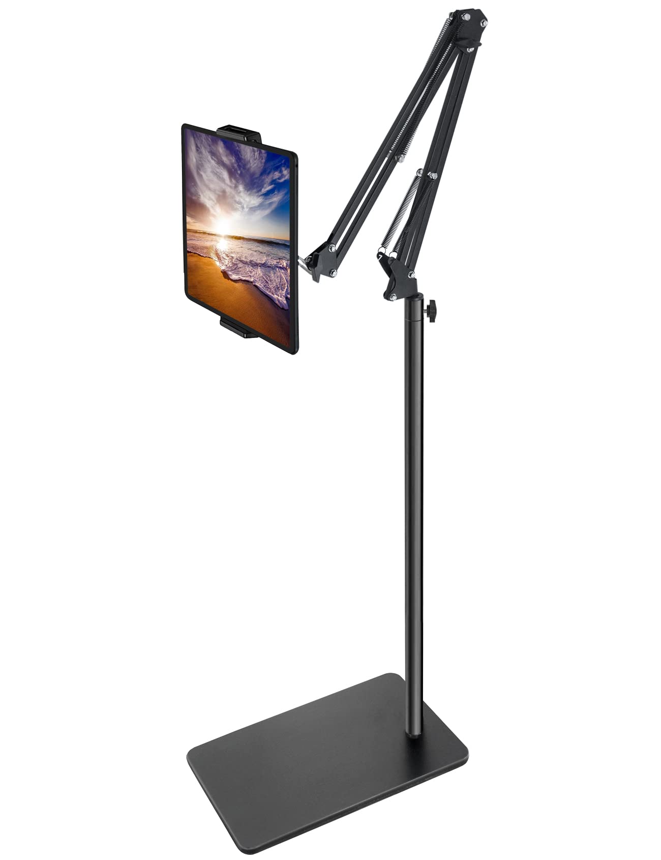 BluuSuuk Tablet Floor Stand with Double Weight Base, Overhead Bed Phone Mount Height Adjustable Arm Stretchable Stand Holder, Compatible with iPad Mini Air Pro, Galaxy Tab, Kindle, Switch, Cell Phones