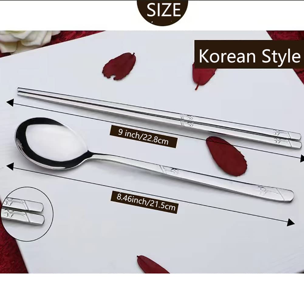 YAPULLYA Korean Metal Chopsticks and Spoons Set, Reusable Stainless Steel Flatware Chopsticks and Spoons with long-hand, set of 3 (Lucky Clover)