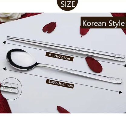 YAPULLYA Korean Metal Chopsticks and Spoons Set, Reusable Stainless Steel Flatware Chopsticks and Spoons with long-hand, set of 3 (Lucky Clover)