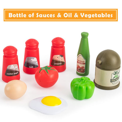 Bruvoalon 32Pcs Kids Play Kitchen Toys Set, Toddlers Pretend Cooking Playset Acccessories with Pots Pans, Utensils Cookware, Foods, Canned Veges, Learning Gift for Kids Girls Boys (Green)