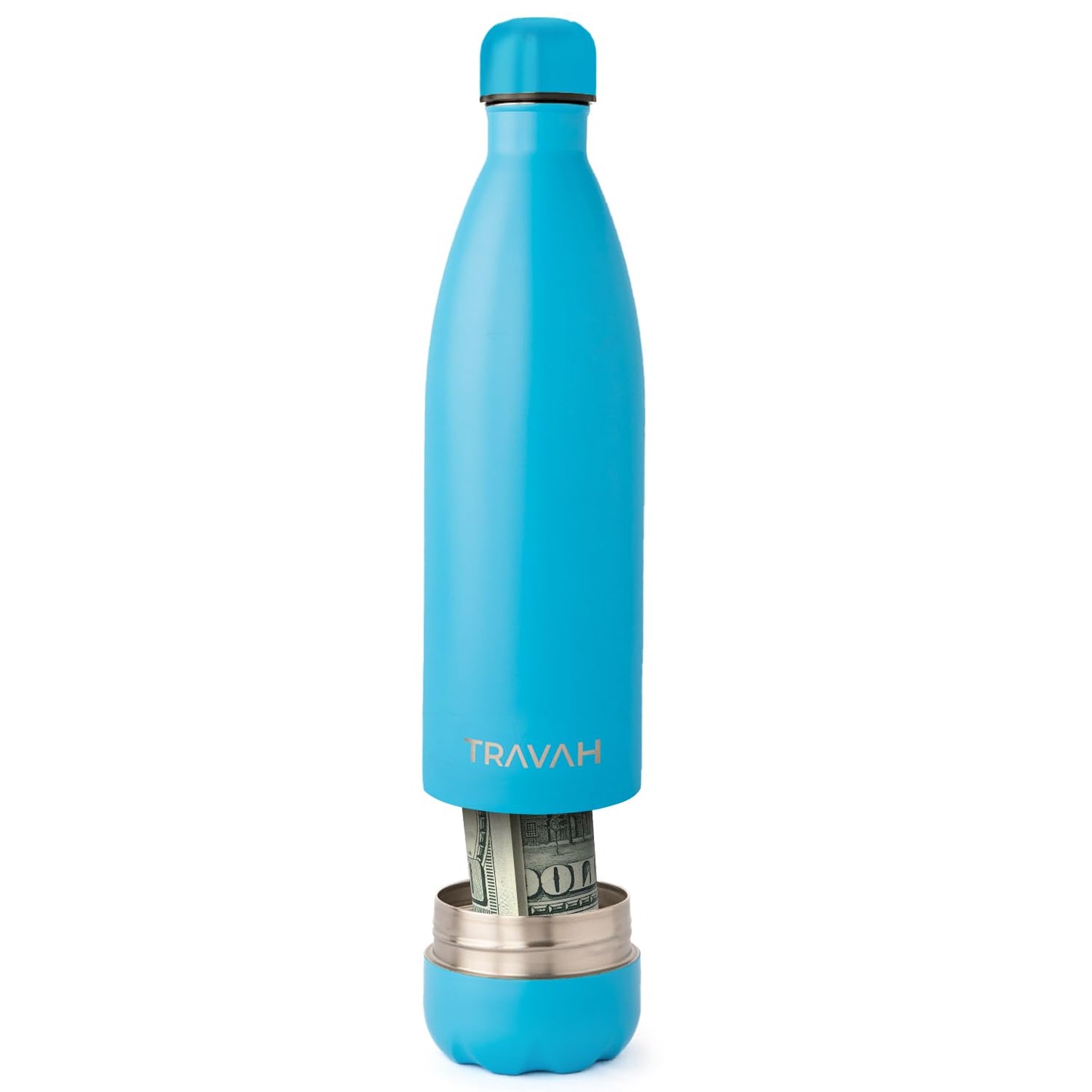 Travah Stainless Steel Diversion Water Bottle with Hidden Storage for Valuables - Insulated, Leakproof and BPA Free - 17oz (Light Blue)