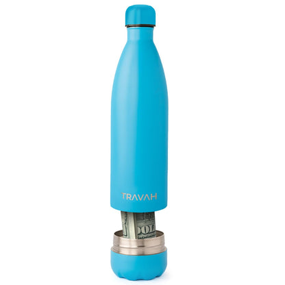 Travah Stainless Steel Diversion Water Bottle with Hidden Storage for Valuables - Insulated, Leakproof and BPA Free - 17oz (Light Blue)