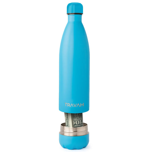 Travah Stainless Steel Diversion Water Bottle with Hidden Storage for Valuables - Insulated, Leakproof and BPA Free - 17oz (Light Blue)