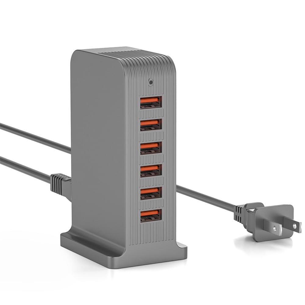 VPSUN USB Charger 6 Port 50W Multi USB Tower Charging Station for Multiple Devices iPhone 15/14/14 Pro/14 Pro Max/13 Pro/13 Pro Max/Android/Samsung/Tablet,etc (Gray, 50W)