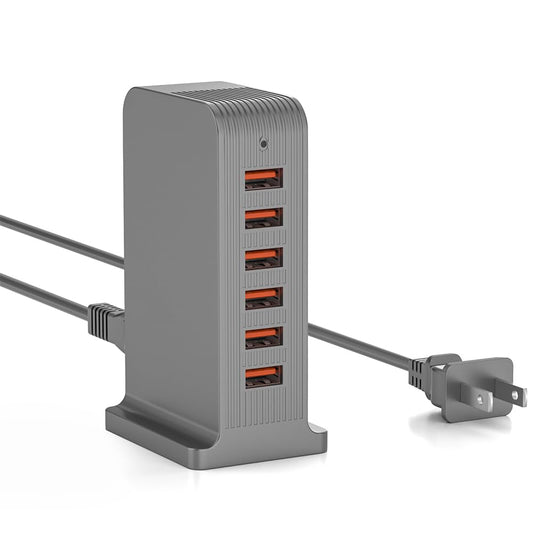 VPSUN USB Charger 6 Port 50W Multi USB Tower Charging Station for Multiple Devices iPhone 15/14/14 Pro/14 Pro Max/13 Pro/13 Pro Max/Android/Samsung/Tablet,etc (Gray, 50W)