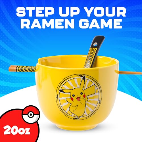 Silver Buffalo Pokemon Pikachu Electric Ceramic Ramen Noodle Rice Bowl with Chopsticks and Spoon, Microwave Safe, 20 Ounces